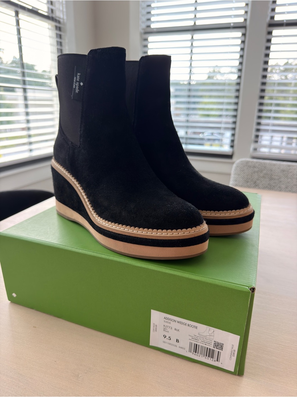 kate spade Black Suede Wedge Booties with Tan Trim - Size 9.5
